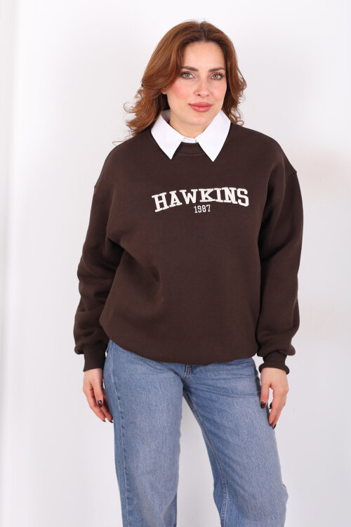 Hawkıns Baskılı Acı Kahve Kadın Üç İp Sweatshirt - 5