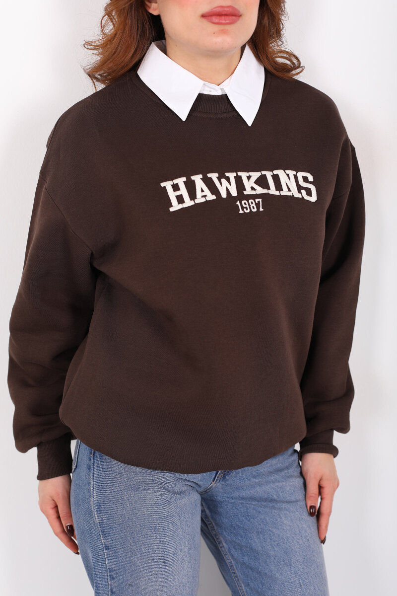 Hawkıns Baskılı Acı Kahve Kadın Üç İp Sweatshirt - 2