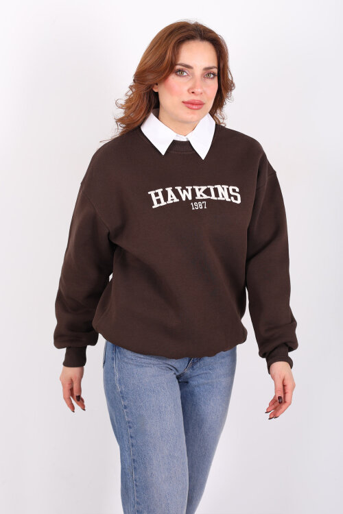 Hawkıns Baskılı Acı Kahve Kadın Üç İp Sweatshirt - 3