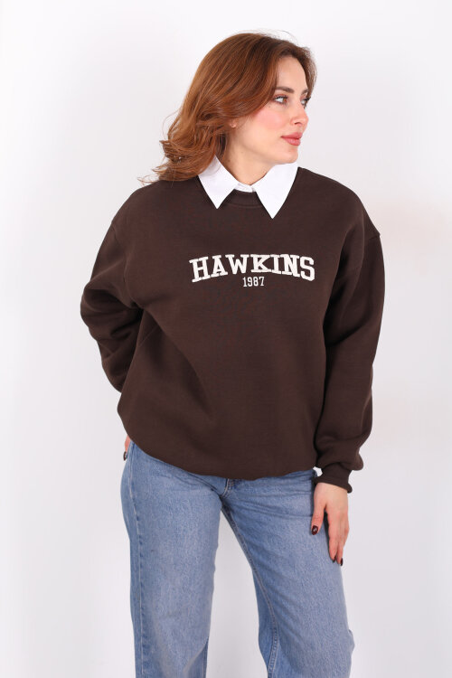 Hawkıns Baskılı Acı Kahve Kadın Üç İp Sweatshirt - Berox