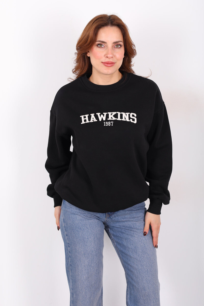 Hawkıns Baskılı Siyah Kadın Üç İp Sweatshirt - 5