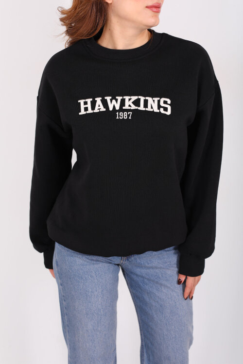 Hawkıns Baskılı Siyah Kadın Üç İp Sweatshirt - Berox (1)