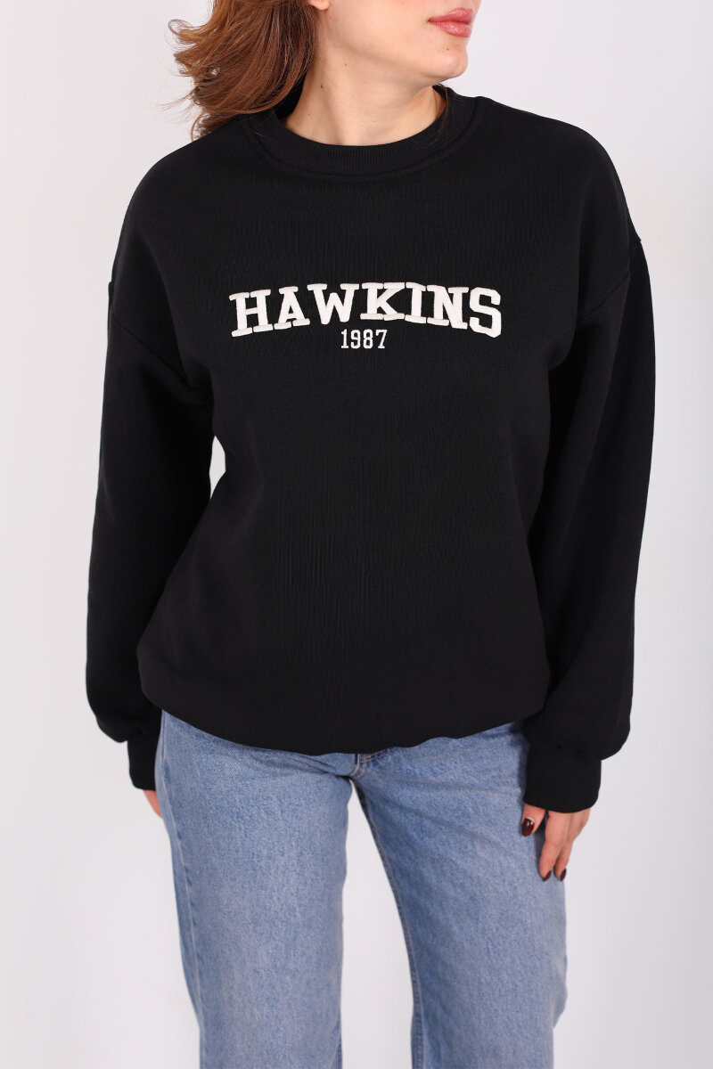 Hawkıns Baskılı Siyah Kadın Üç İp Sweatshirt - 2