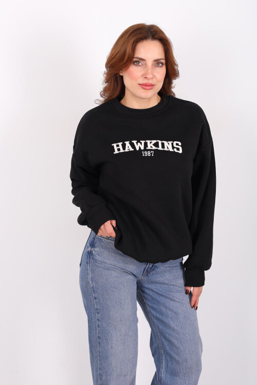 Hawkıns Baskılı Siyah Kadın Üç İp Sweatshirt - 3