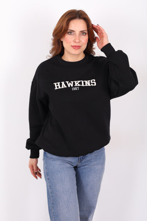 Hawkıns Baskılı Siyah Kadın Üç İp Sweatshirt - Berox
