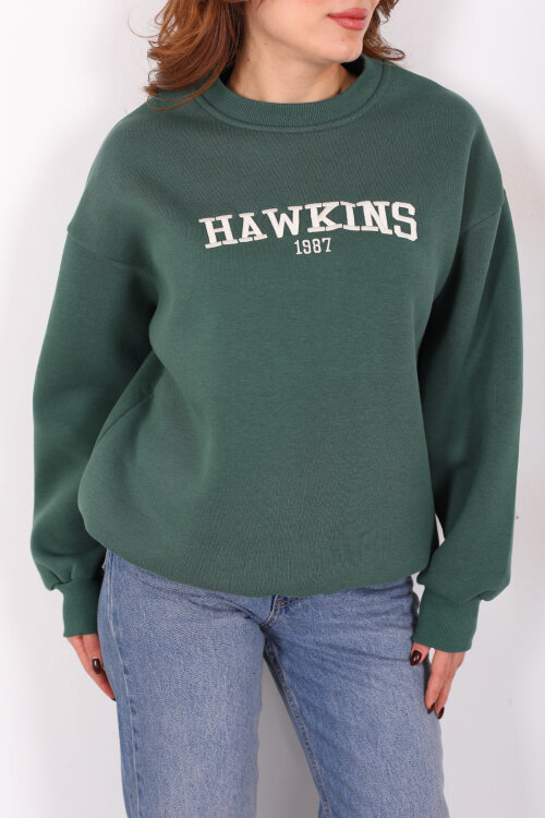 Hawkıns Baskılı Yeşil Kadın Üç İp Sweatshirt - Berox (1)