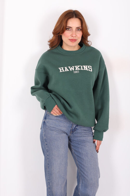 Hawkıns Baskılı Yeşil Kadın Üç İp Sweatshirt - Berox