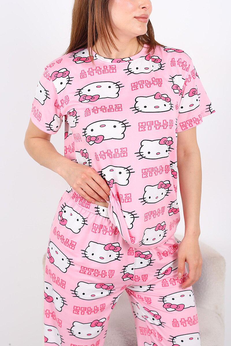 Hello Kitty Desenli Bisiklet Yaka Pembe Kadın Pijama Takımı - 2
