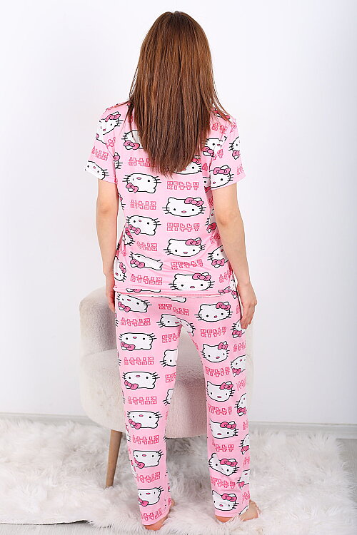 Hello Kitty Desenli Bisiklet Yaka Pembe Kadın Pijama Takımı - 5