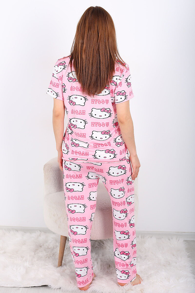 Hello Kitty Desenli Bisiklet Yaka Pembe Kadın Pijama Takımı - 5