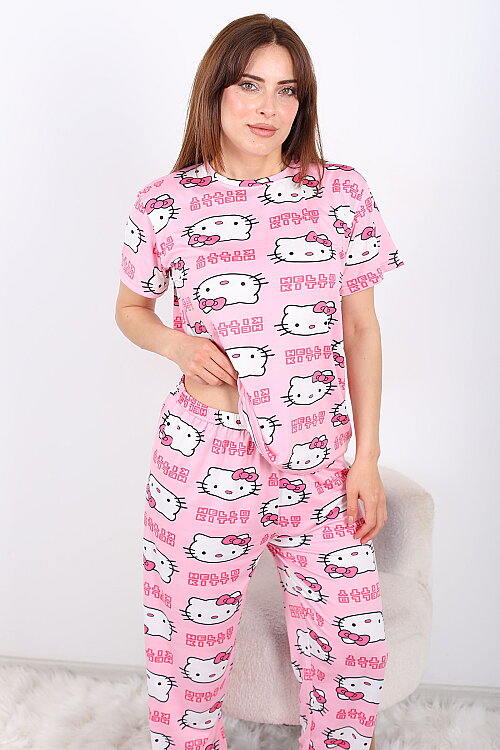 Hello Kitty Desenli Bisiklet Yaka Pembe Kadın Pijama Takımı - 6