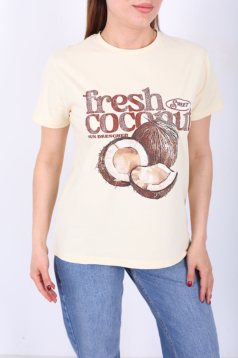 Hindistan Cevizi Baskılı Yazılı Kadın Sarı T-Shirt - 2