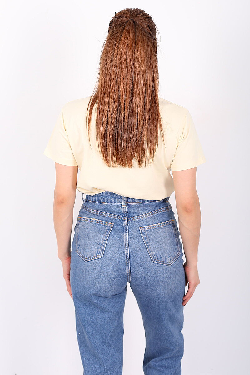 Hindistan Cevizi Baskılı Yazılı Kadın Sarı T-Shirt - 4