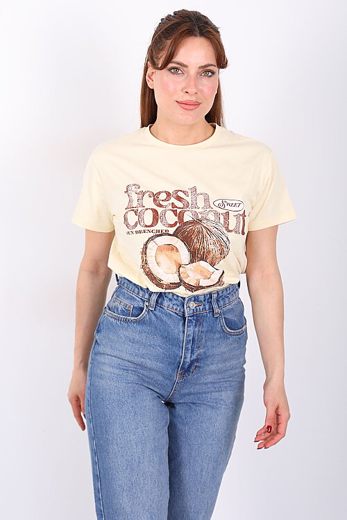 Hindistan Cevizi Baskılı Yazılı Kadın Sarı T-Shirt - 5