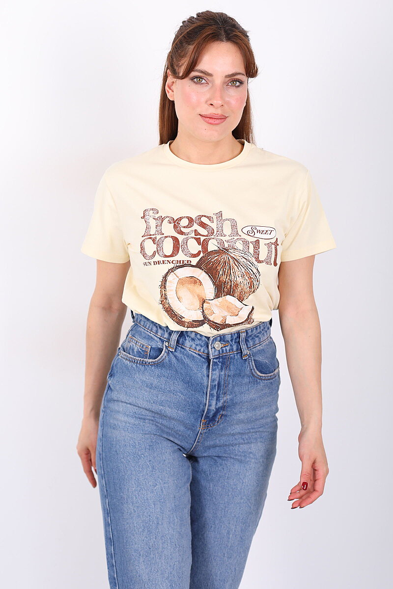 Hindistan Cevizi Baskılı Yazılı Kadın Sarı T-Shirt - 5
