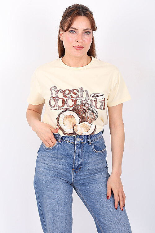 Hindistan Cevizi Baskılı Yazılı Kadın Sarı T-Shirt - Berox