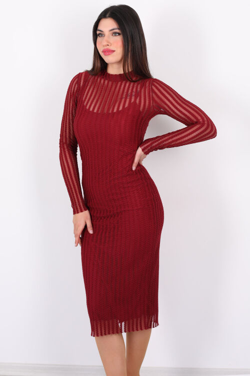 İçi Astarlı Dik Yaka Midi Bordo Kadın Tül Elbise - 3