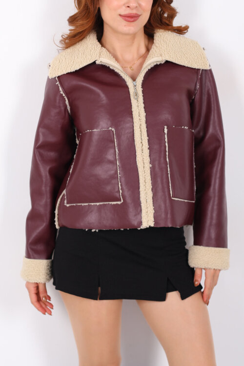 İçi Kürklü Çift Cepli Bordo Kadın Deri Ceket - Berox (1)