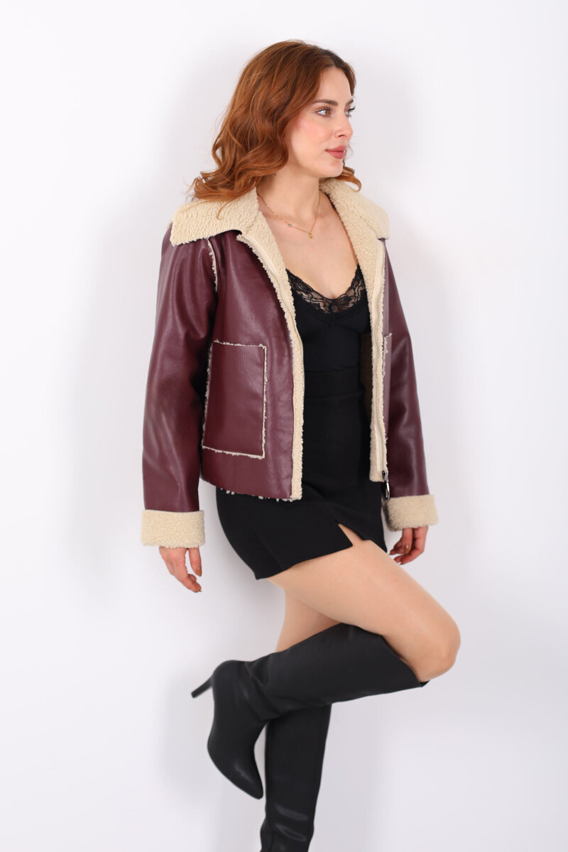 İçi Kürklü Çift Cepli Bordo Kadın Deri Ceket - 4