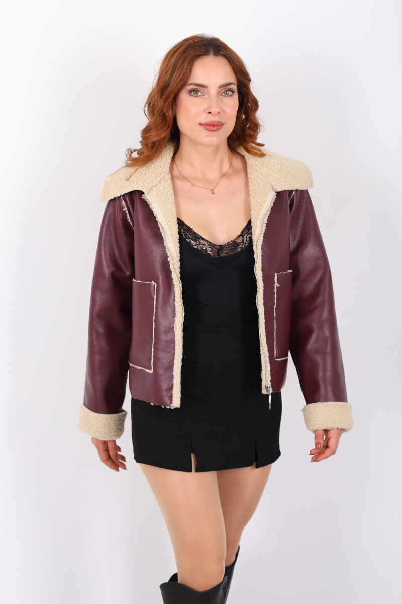 İçi Kürklü Çift Cepli Bordo Kadın Deri Ceket - 6