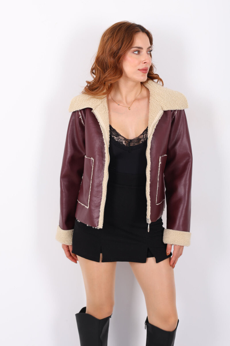 İçi Kürklü Çift Cepli Bordo Kadın Deri Ceket - 3