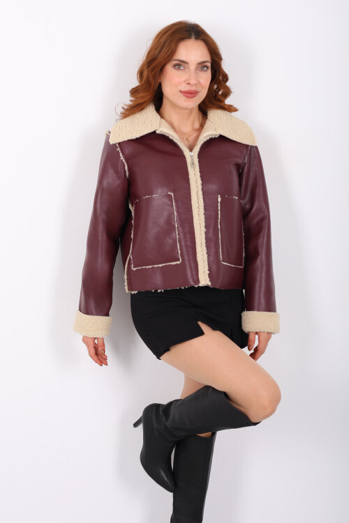 İçi Kürklü Çift Cepli Bordo Kadın Deri Ceket - Berox
