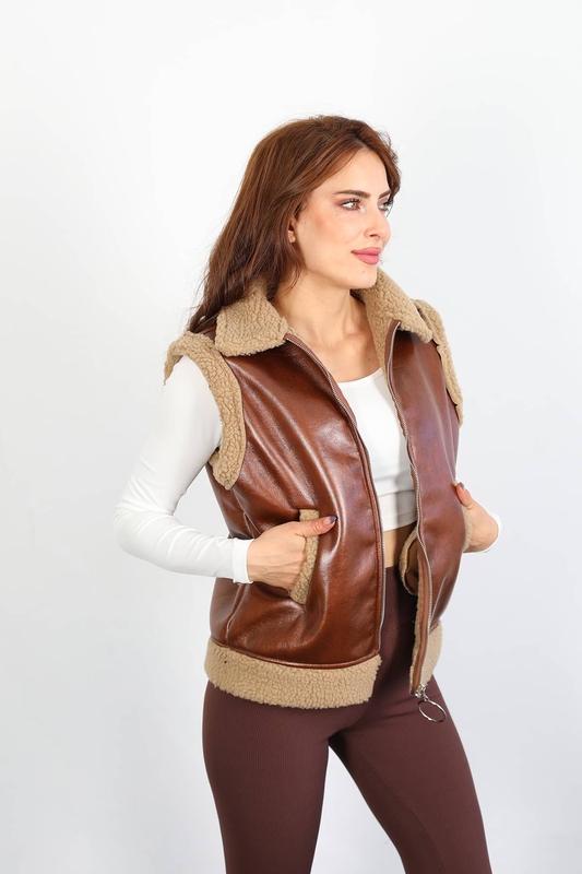 İçi Kürklü Kadn Taba Deri Yelek - 2