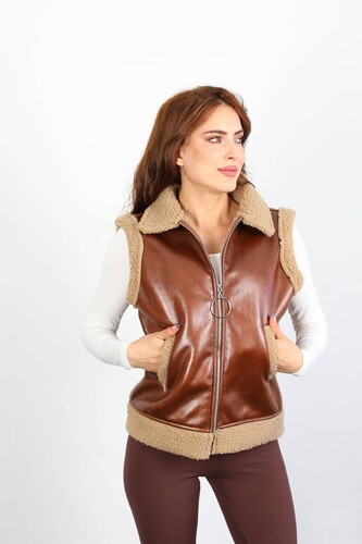 İçi Kürklü Kadn Taba Deri Yelek - 3