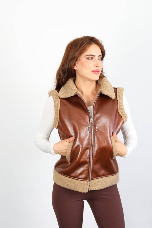 İçi Kürklü Kadn Taba Deri Yelek - 3