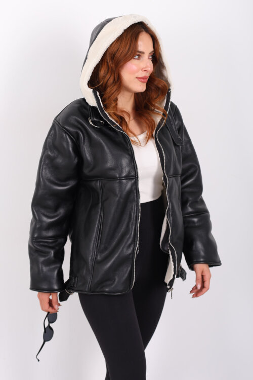 İçi Kürklü Kapüşonlu Beyaz Kadın Deri Mont - 3