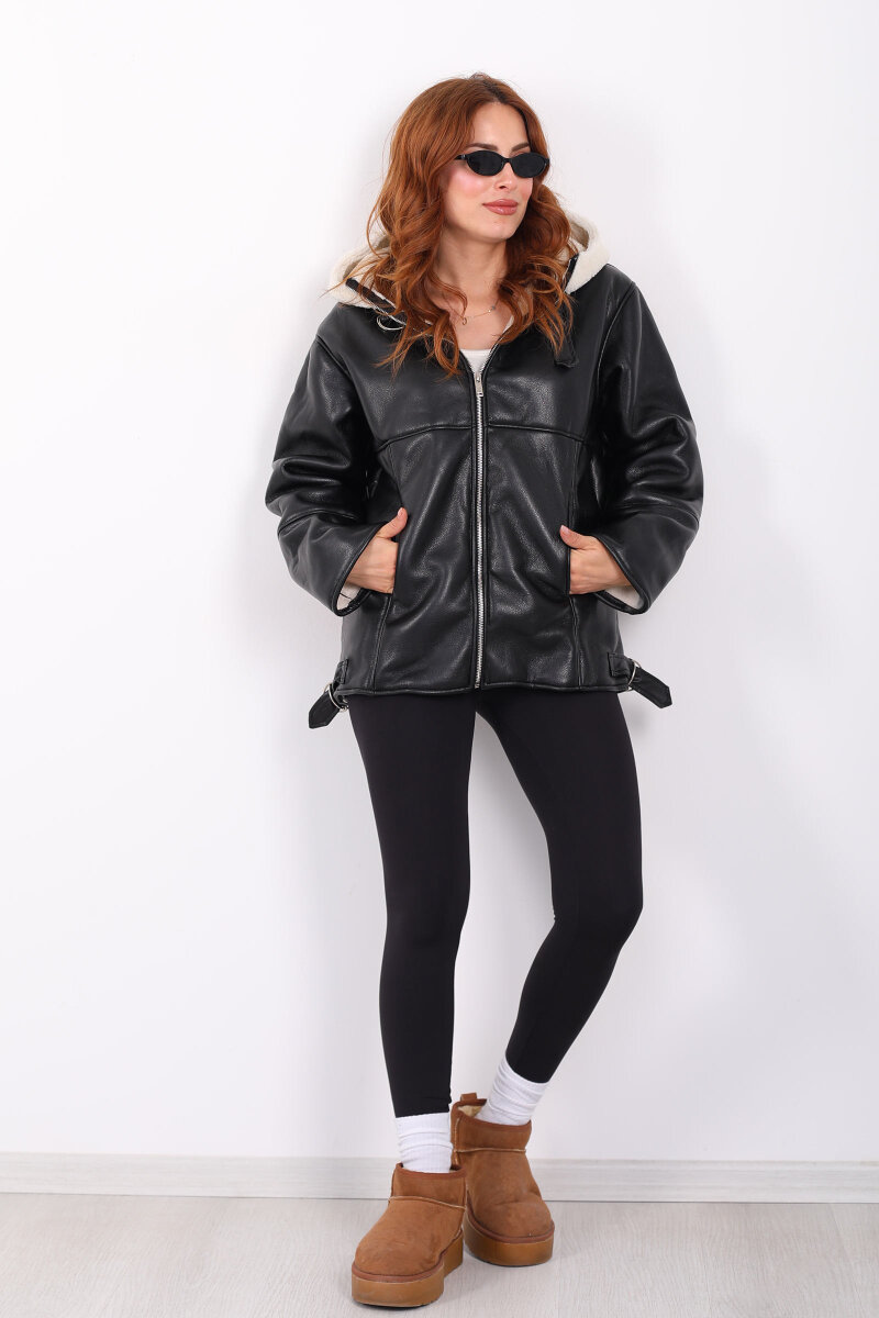 İçi Kürklü Kapüşonlu Beyaz Kadın Deri Mont - 4