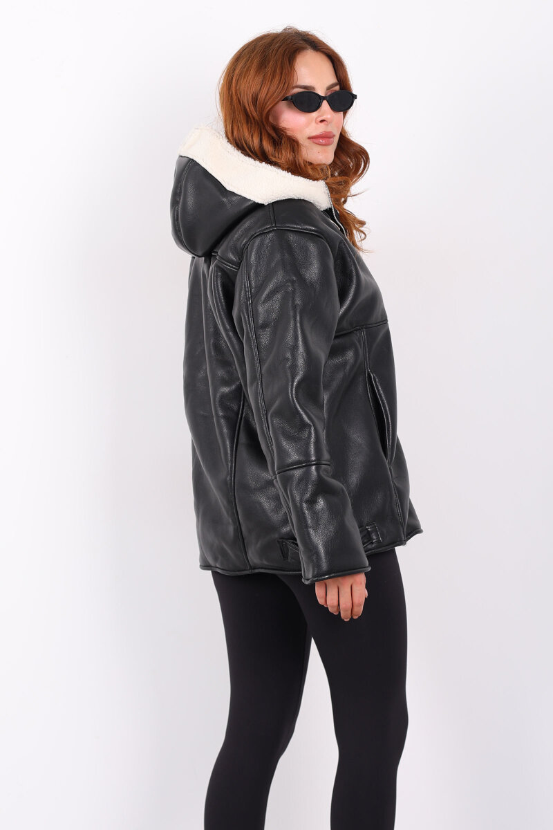 İçi Kürklü Kapüşonlu Beyaz Kadın Deri Mont - 6