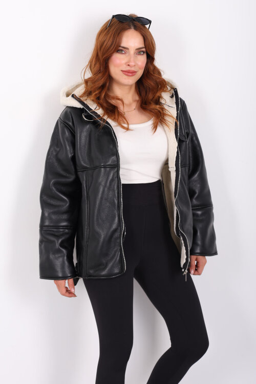 İçi Kürklü Kapüşonlu Beyaz Kadın Deri Mont - 7