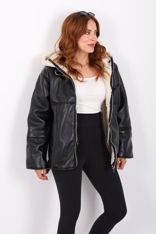 İçi Kürklü Kapüşonlu Beyaz Kadın Deri Mont - Berox