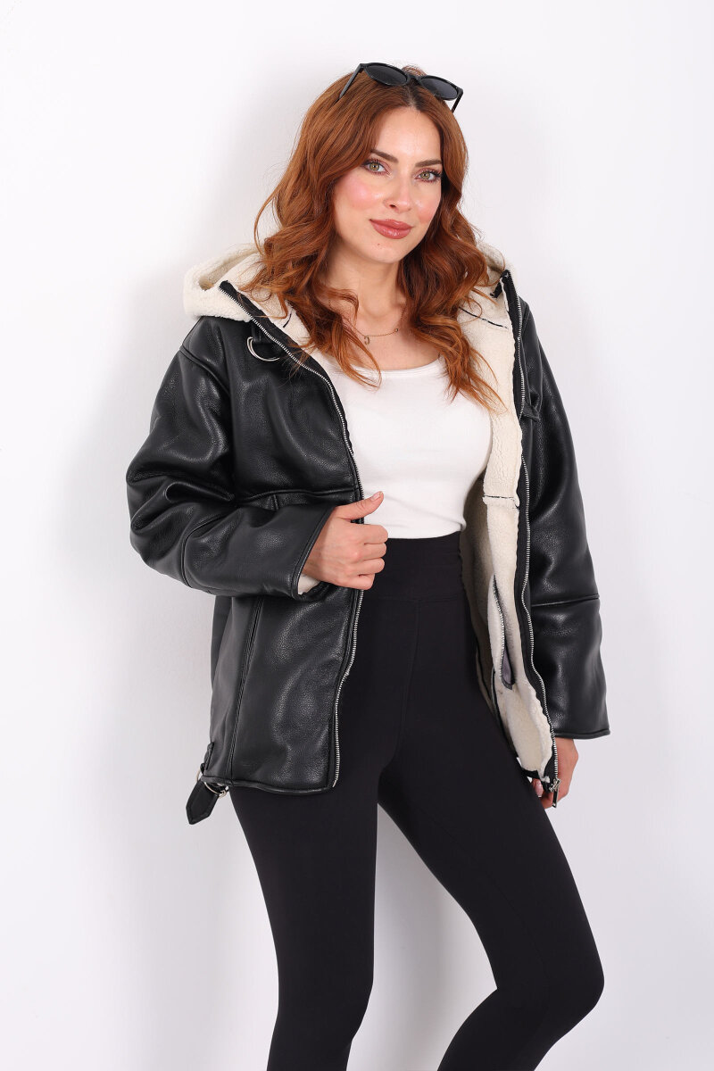 İçi Kürklü Kapüşonlu Beyaz Kadın Deri Mont - 5