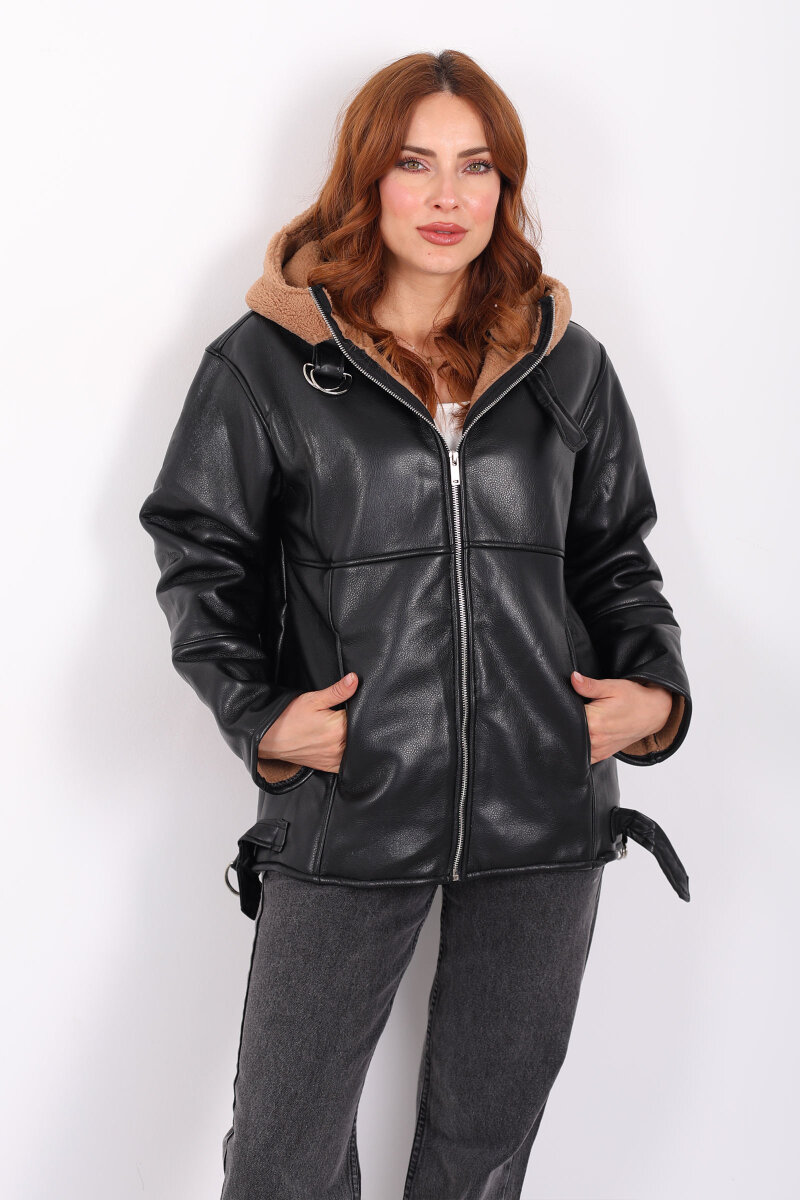 İçi Kürklü Kapüşonlu Camel Kadın Deri Mont - 6