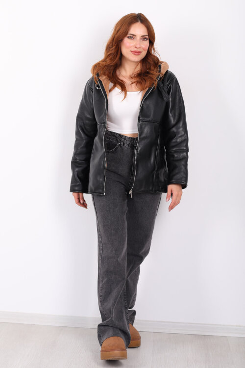 İçi Kürklü Kapüşonlu Camel Kadın Deri Mont - 7