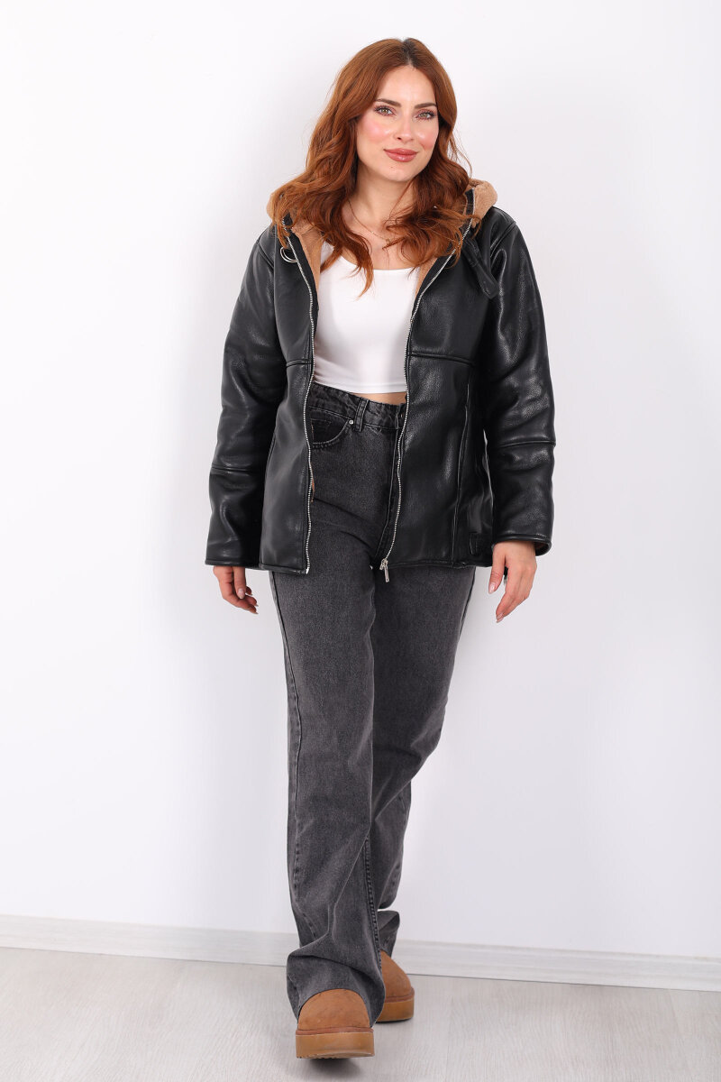 İçi Kürklü Kapüşonlu Camel Kadın Deri Mont - 7