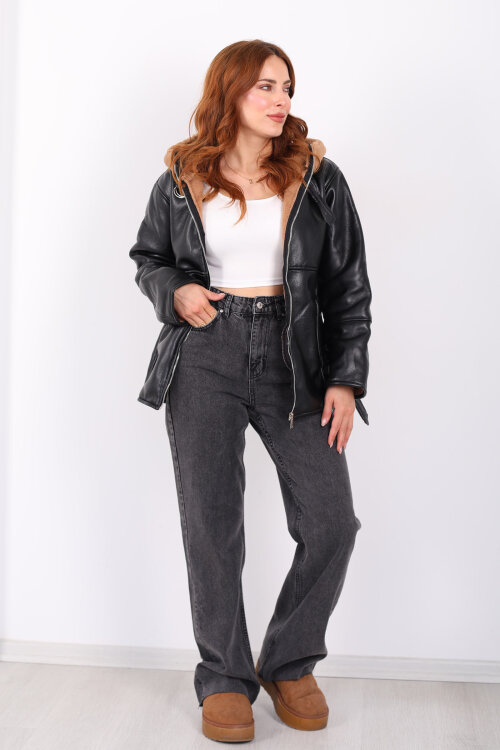 İçi Kürklü Kapüşonlu Camel Kadın Deri Mont - 4