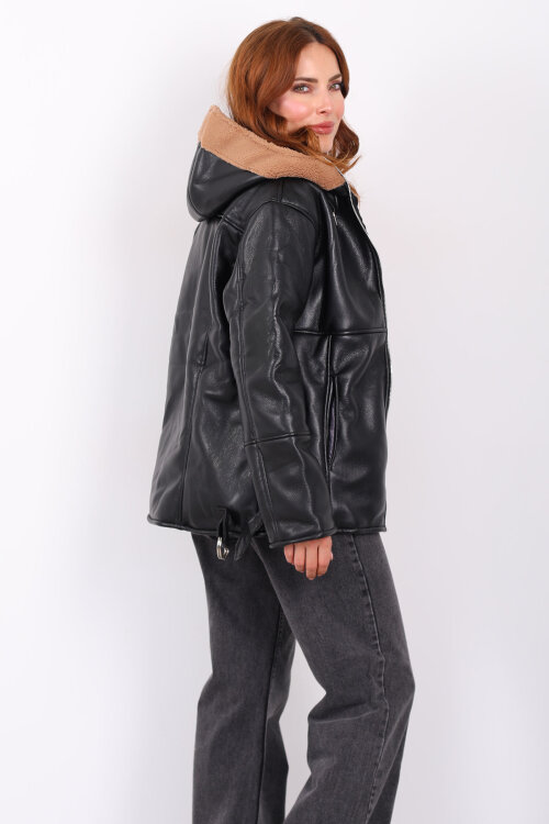 İçi Kürklü Kapüşonlu Camel Kadın Deri Mont - 5