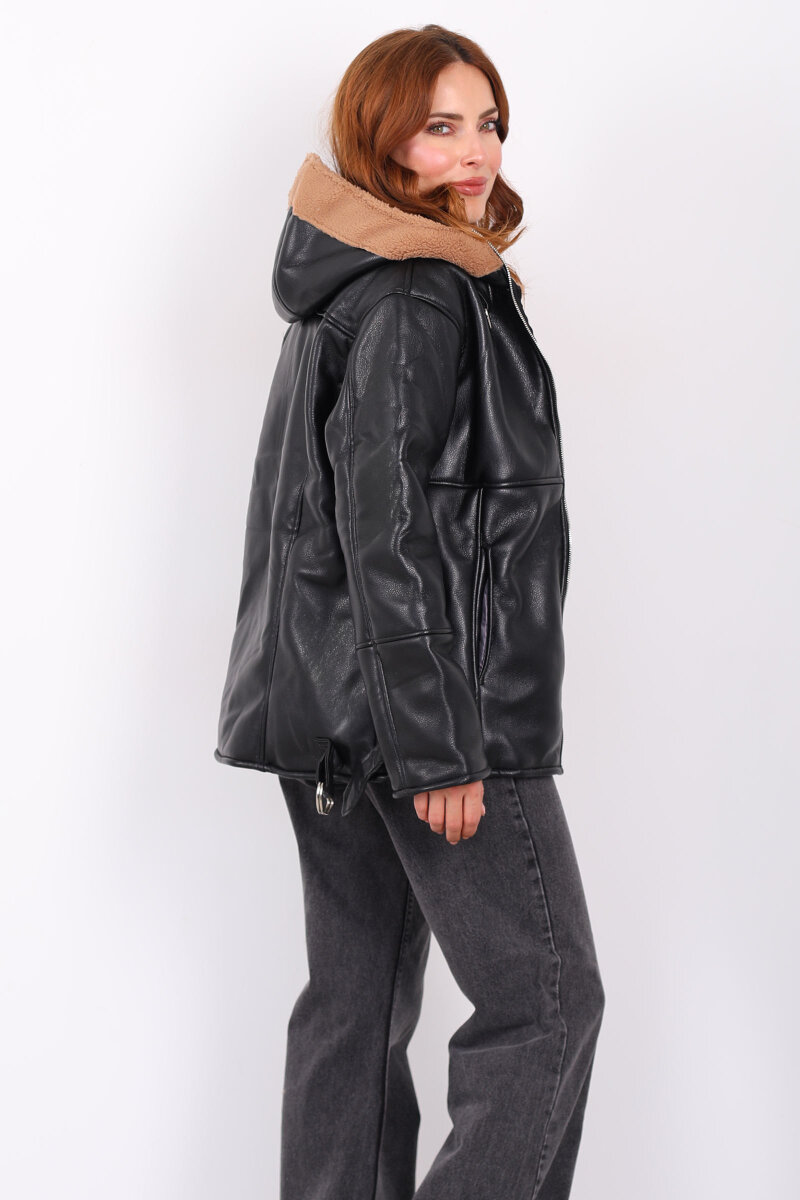 İçi Kürklü Kapüşonlu Camel Kadın Deri Mont - 5