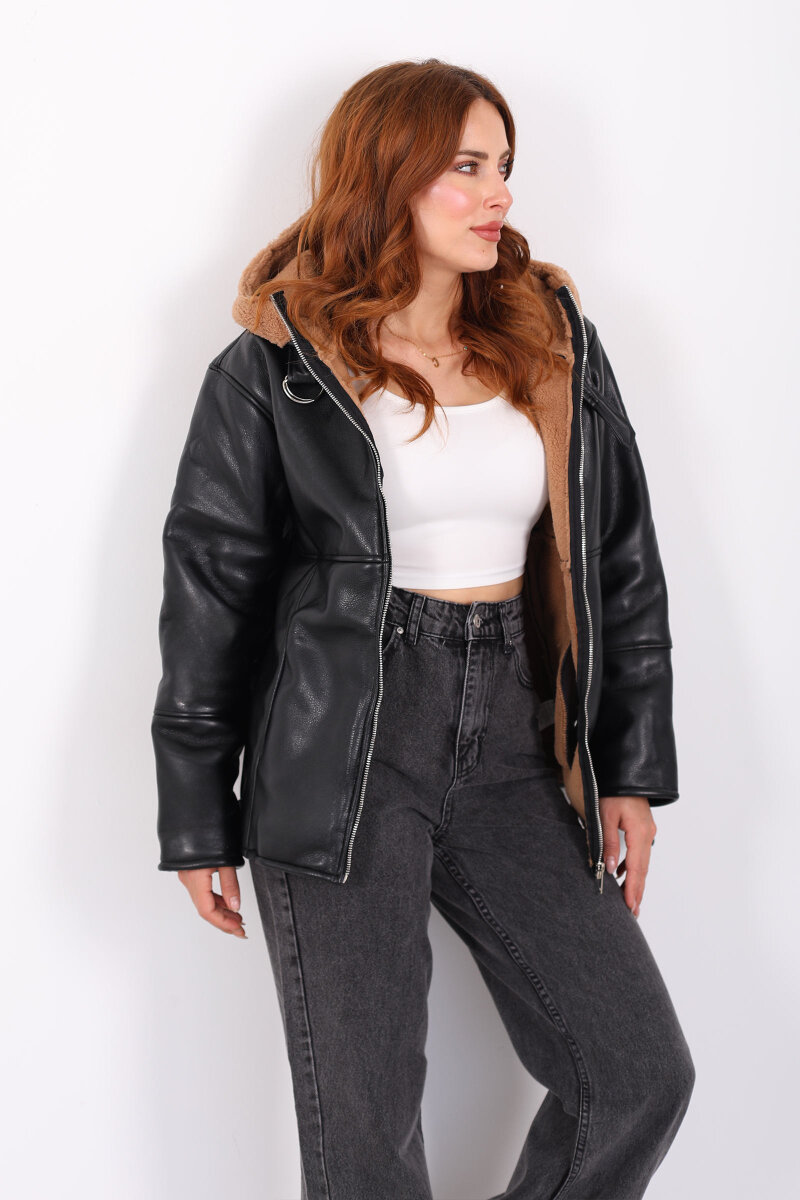 İçi Kürklü Kapüşonlu Camel Kadın Deri Mont - 1