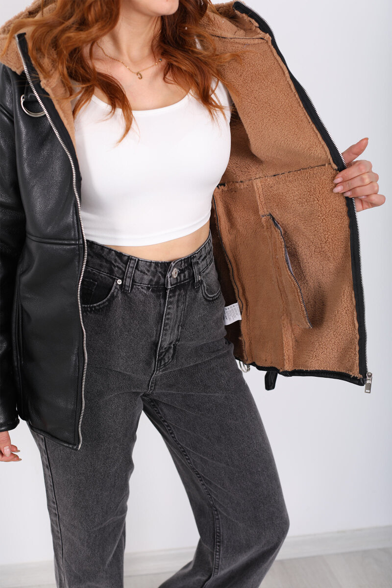 İçi Kürklü Kapüşonlu Camel Kadın Deri Mont - 2