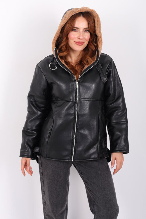 İçi Kürklü Kapüşonlu Camel Kadın Deri Mont - 3