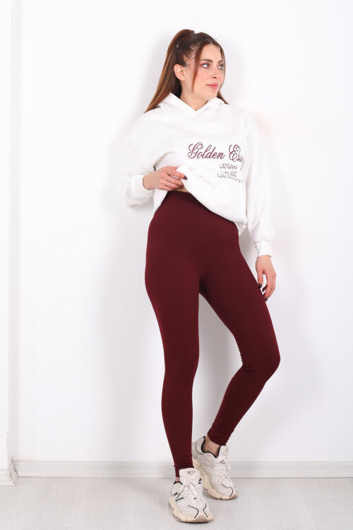 İçi Şardonlu Fitilli Bordo Kadın Tayt - 4