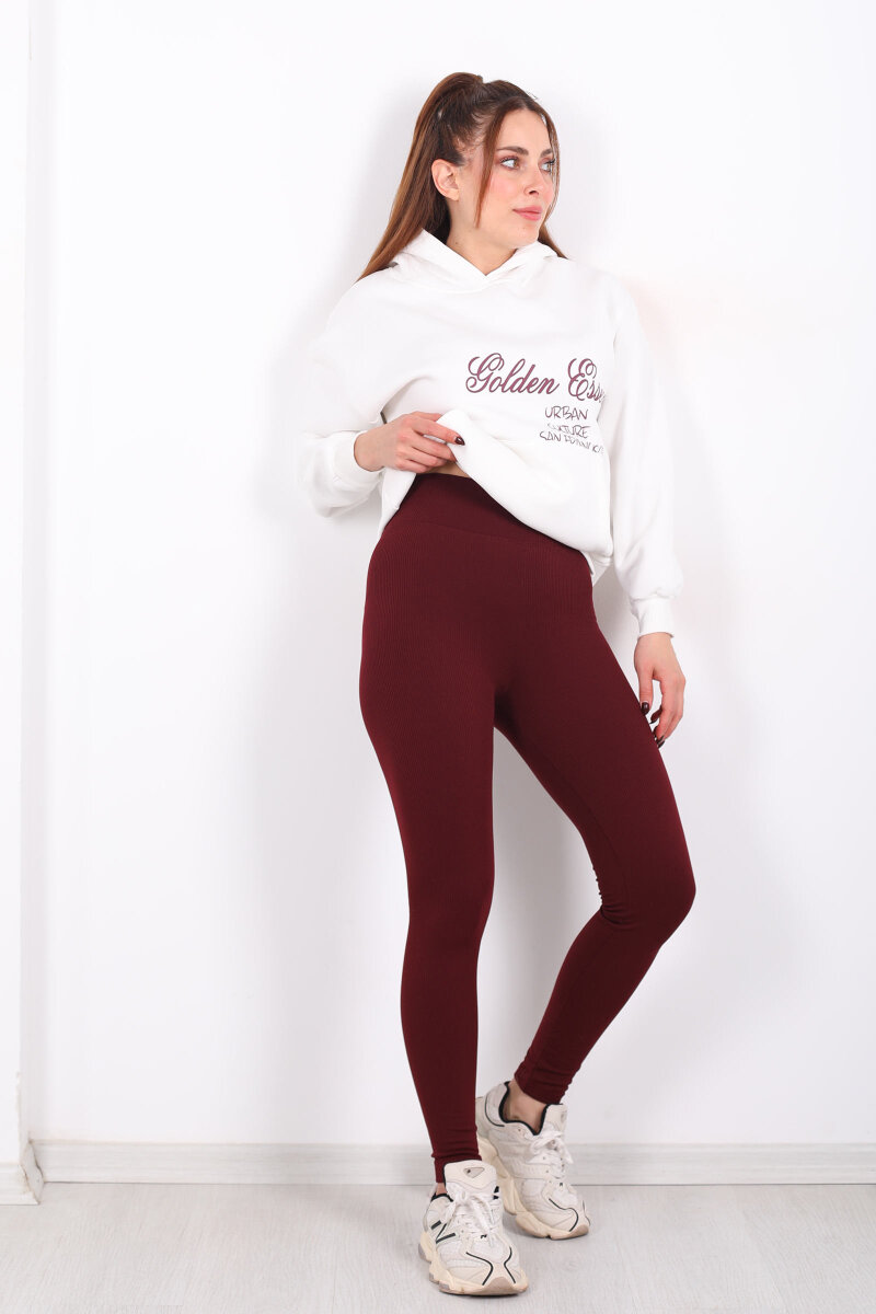 İçi Şardonlu Fitilli Bordo Kadın Tayt - 4