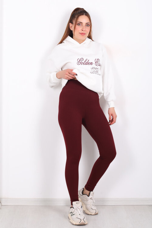 İçi Şardonlu Fitilli Bordo Kadın Tayt - 6