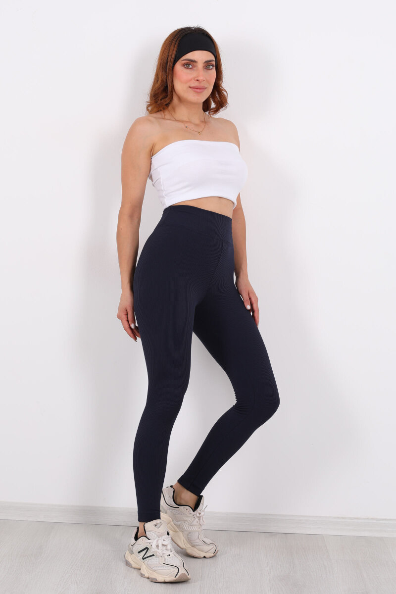 İçi Şardonlu Fitilli Lacivert Kadın Tayt - 1