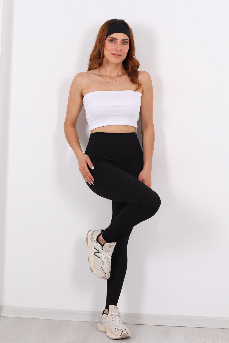 İçi Şardonlu Fitilli Siyah Kadın Tayt - 1