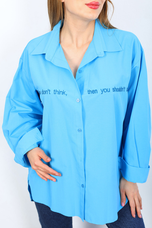 If You Don't Yazı Nakışlı Mavi Kadın Gömlek - 2